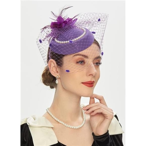 PILLBOX Hats 20s 50s Vintage Fascinators for Women E1-purple - Picture 2 of 7